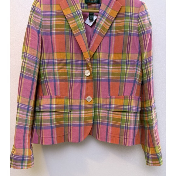 Lauren Ralph Lauren Blazer Women's 6 Multicolor Plaid 100% Linen Lined Pockets - Picture 6 of 9